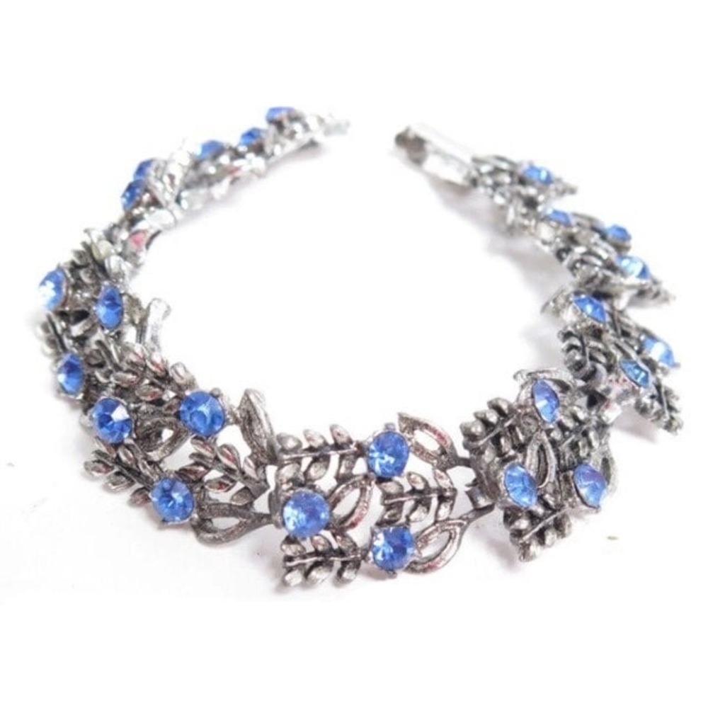 Vintage Silver‎ Toned Blue Rhinestone Floral Bracelet 7.5